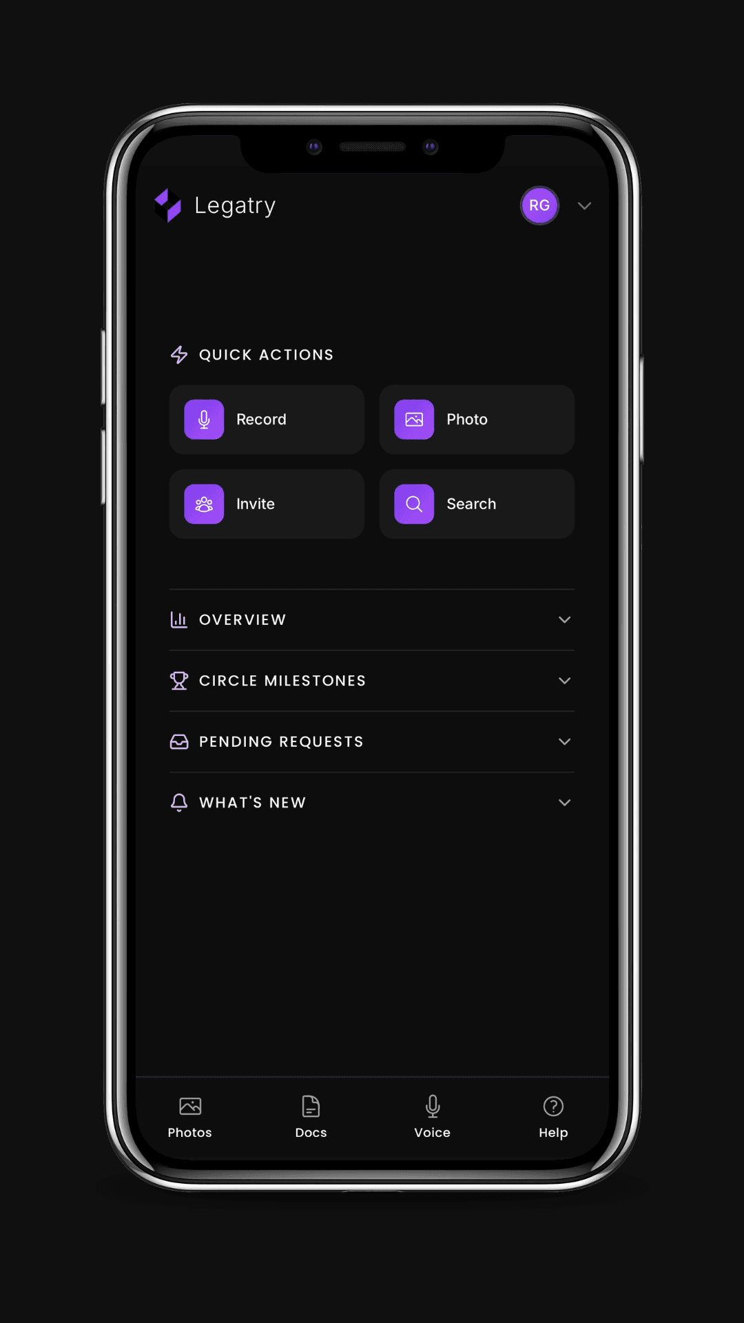 Legatry mobile dashboard showing quick actions and circle activity