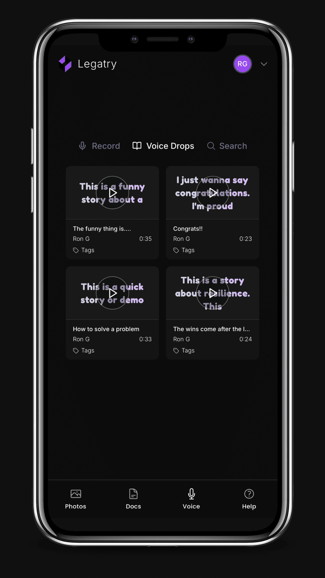 Voice Drops library showing recorded family stories